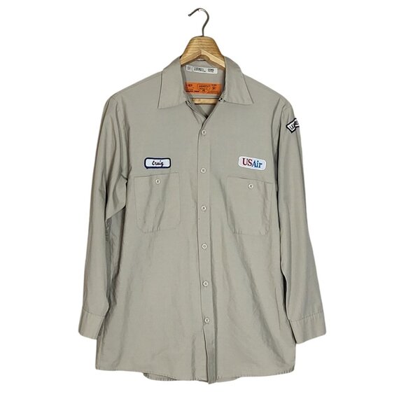 USAir Beige Work Shirt With Lead Mechanic Patch & Name Tag Vintage Size Large - Picture 1 of 10